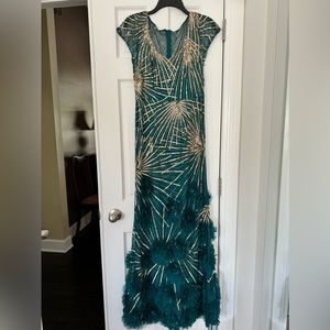 Aqua and gold Aidan Maddox formal long dress capped sleeve crazy flattering